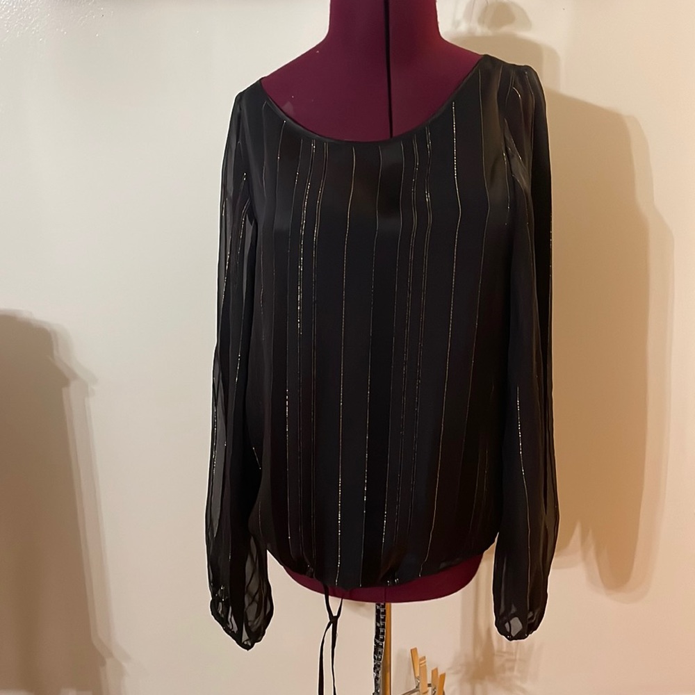Anthropologie black and gold holiday sheer party dress blouse shirt top medium
